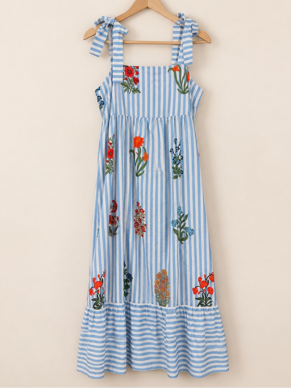 THML Blue & White Striped Floral Maxi Dress Size L NWT